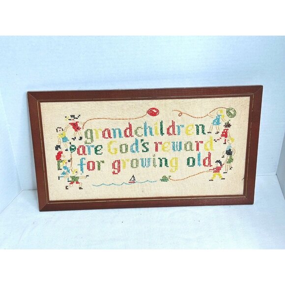 Handmade Other - Cross Stitch Completed Grandchildren God's Reward Framed Wall Art Sampler Gift